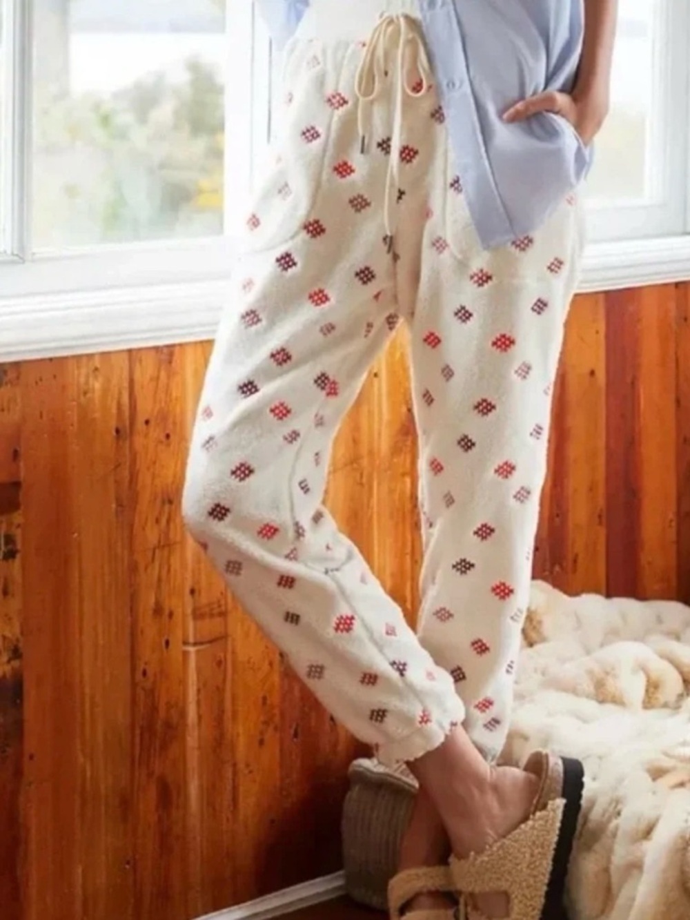 Anthropologie Daily Practice Embroidered Fleece Joggers Pants Large